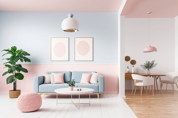 Delicate Charm: A Cozy Living Room with Soft White and Pink Walls and Warm Wooden Floors AI Generated