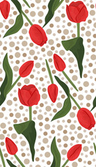 Vintage seamless pattern of red tulip flowers and brown circles on white background. Spring flowers textile.