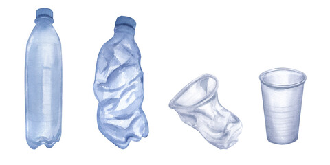 Banner with plastic trash. Disposable blue transparent bottles and cups. Hand-drawn watercolor illustration isolated on white background. Ecology