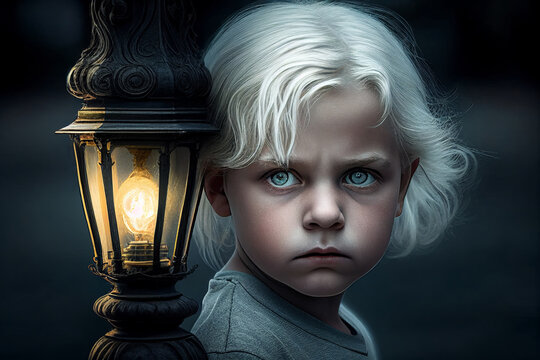 A beautiful young angel child portrait, white hair and fantasy mysterious feel