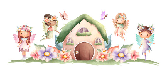 Watercolor illustration cute fairy flower and mushroom house © Stella