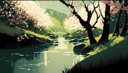 landscape of spring. digital art illustration. Generative AI