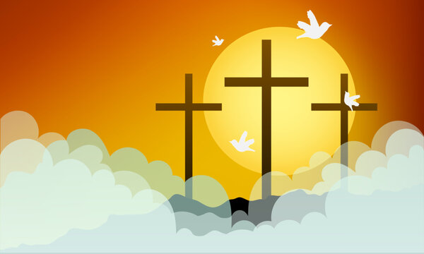 Good Friday landscape with crosses and clouds, vector art illustration.