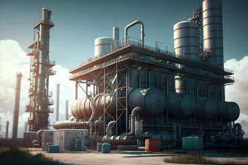 Oil pump and oil refinery at sunset. Energy industry concept. Ai generated illustration.