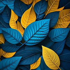 Background of yellow and blue leaves. Generative AI.