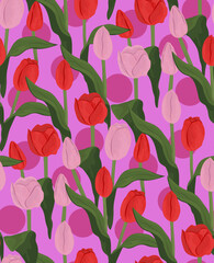 Seamless vector floral pattern with pink and red tulips on vibrant pink background. Tulips tropical background.