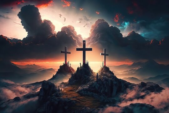 AI Generated Crosses on the mountain at sunset.  Conceptual image