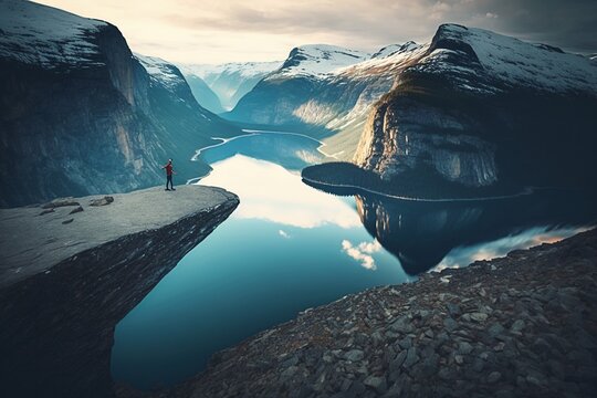 Breathtaking View of Trolltunga, Norway at Sunset: Hiker Standing in Awe Over the Vast Scenery, AI generated