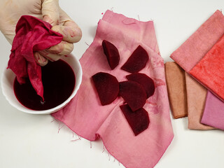 Dyeing a sample of cotton fabric in beets broth, DIY. Bowl of beets broth and slices of beets are on cotton fabrics in red tones