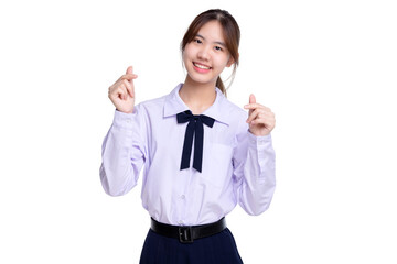 Happy pretty Asian student girl in school uniform showing mini heart sign isolated on transparent...