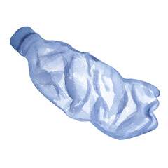 Plastic trash. Disposable blue transparent crumple bottle. Hand-drawn watercolor illustration isolated on white background. For design ecology posters