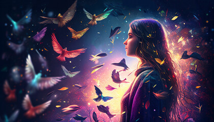 Girl Standing on a Flying Bird, colorful city building Surrounded by Flock of Birds in the Scenic Sky