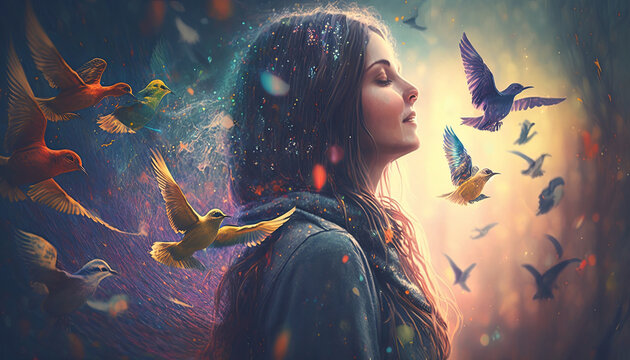 Girl Standing on a Flying Bird, colorful city building Surrounded by Flock of Birds in the Scenic Sky