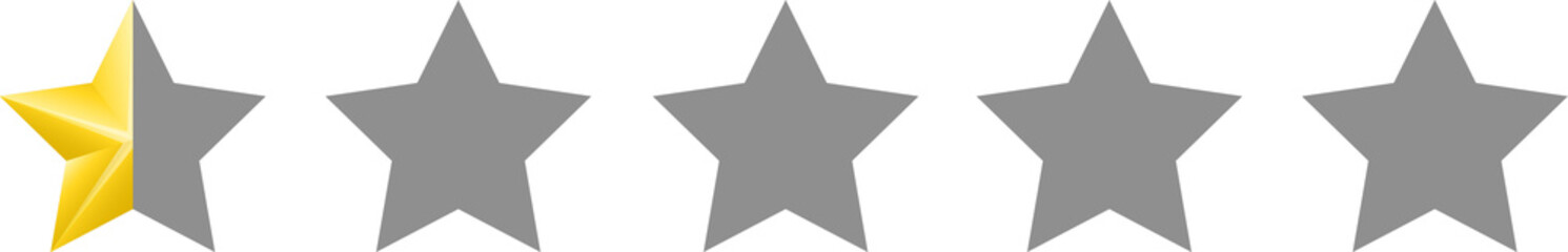 Half of  star review rating. Website product review stars. Rating Stars. 0,5 star customer product rating. Bad, low rating. Flat icon for apps and site.