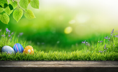 Three painted easter eggs celebrating a Happy Easter on a spring day with a green grass meadow,...