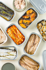 Assortment of Tinned fish, canned food ready for date night