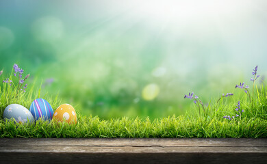 Three painted easter eggs celebrating a Happy Easter on a spring day with a green grass meadow, bright sunlight and a background with copy space and a rustic wooden bench to display products.