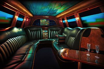 interior of luxury limousine car with bar and party design. generative ai - obrazy, fototapety, plakaty