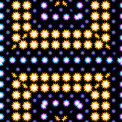 Abstract seamless pattern with bright yellow and blue stars on a black background
