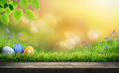 Fototapeta na wymiar Three painted easter eggs celebrating a Happy Easter on a spring day with a grass meadow, warm sunlight tree leaves and a background with copy space and a rustic wooden bench to display products.