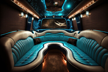 interior of luxury limousine car with bar and party design. generative ai - obrazy, fototapety, plakaty