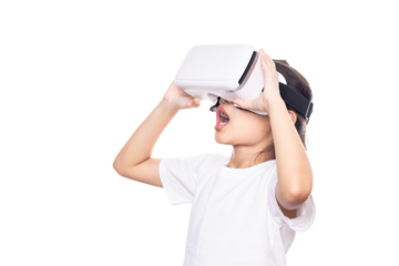 Kid using virtual reality headset, surprised child looking in VR glasses.
