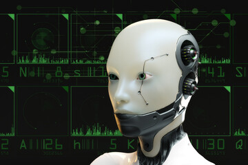 Artistic 3D illustration of a cyborg with artificial intelligence - 579750598