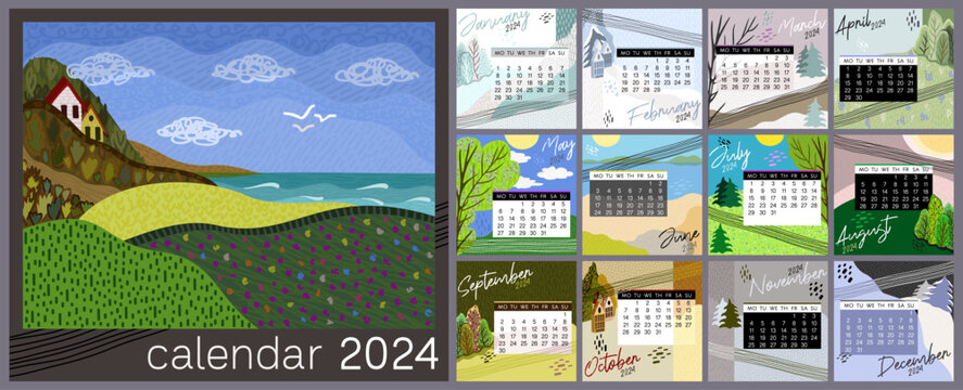 Calendar 2024. Colorful monthly calendar with various landscapes. Cover and 12 monthly pages. Week starts on Monday, vector illustration. Square pages.