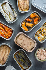 Assortment of Tinned fish, canned food ready for date night