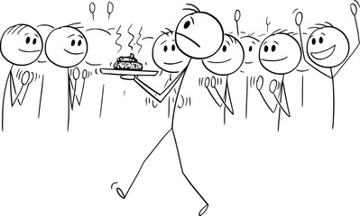 Waiter Serving Excrement or Feces , Vector Cartoon Stick Figure Illustration