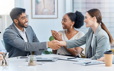 Success handshake, b2b partnership deal and client agreement of teamwork collaboration in a office....