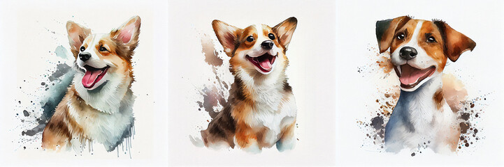 Collection of cute dog watercolor drawings on white background.