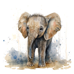 Baby elephant, adorable young elephant , colors splashes, isolated on white, "watercolor-style", generative illustration. Generative AI.