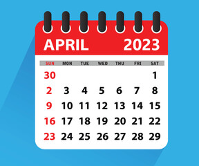 April 2023 Calendar Leaf. Calendar 2023 in flat style. April 2023 Calendar. Wall Desk Calendar Vector Template, Simple Minimal Design. Vector illustration