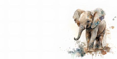 Baby elephant, adorable young elephant , colors splashes, isolated on white, 