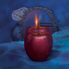 Still life surreal red apple candle reflected in an antique mirror