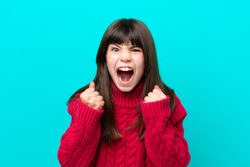 Little caucasian girl isolated on blue background frustrated by a bad situation