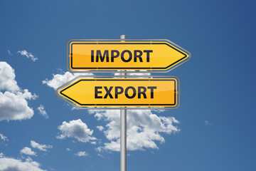 Import export buttons onyellow arrows in front of blue sky - trade 