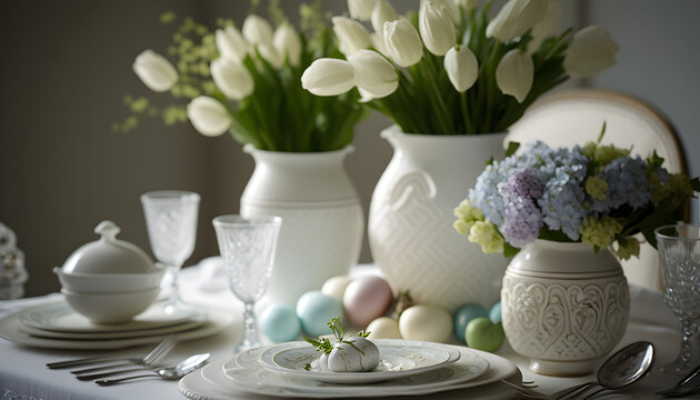 Easter decorated table, luxurious exclusive, beautiful white China tableware, flowers in white vases, pastel Easter eggs, white Linon table cloth, award winning photo 