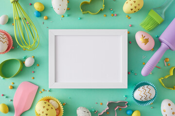 Easter concept. Flat lay photo of white photo frame colorful easter eggs baking molds rolling pin...