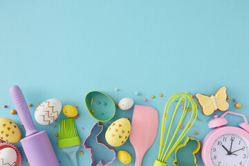 Easter concept. Top view composition of colorful easter eggs kitchen utensils baking molds gingerbread sprinkles and alarm clock on isolated pastel blue background with empty space