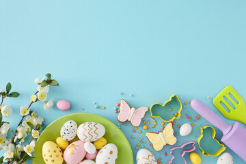 Easter concept. Top view photo of green plate with colorful easter eggs gingerbread sprinkles...