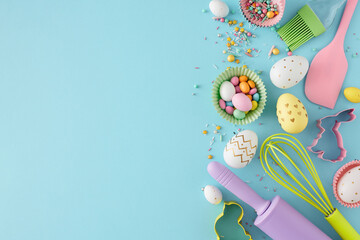 Easter cooking concept. Flat lay photo of colorful easter eggs baking molds rolling pin silicone spatula brush whisk and sprinkles on isolated pastel blue background with empty space