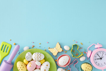 Easter concept. Top view composition of green plate with colorful easter eggs kitchen utensils baking molds gingerbread sprinkles and alarm clock on isolated pastel blue background with copyspace