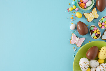 Easter sweets concept. Top view photo of green plate with chocolate easter eggs butterfly shaped gingerbread dragees and sprinkles on isolated pastel blue background with empty space