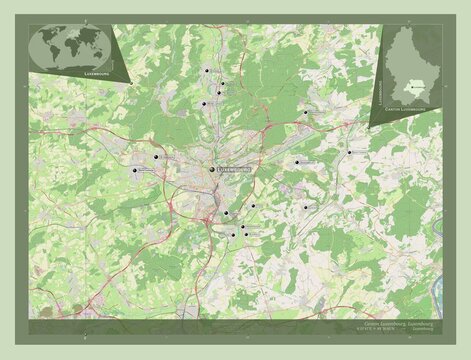 Canton Luxembourg, Luxembourg. OSM. Labelled points of cities