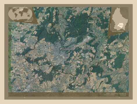 Canton Luxembourg, Luxembourg. High-res satellite. Labelled points of cities