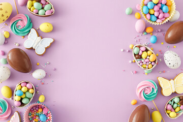 Sweets easter idea. Top view photo of chocolate eggs сolorful dragees gingerbread sprinkles and...