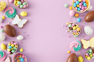 Keuken spatwand met foto Sweets easter idea. Top view photo of chocolate eggs сolorful dragees gingerbread sprinkles and meringue lollipops on isolated violet background with empty space in the middle © Goncharuk film