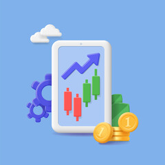 3D trading system online with smartphone concept, Mobile investment graph, money coin. Fiat and crypto trading vector